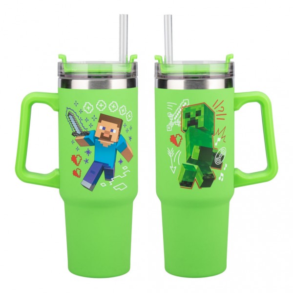 Reisebecher mit Trinkhalm 900ml (grün) - Minecraft: Steve + Creeper